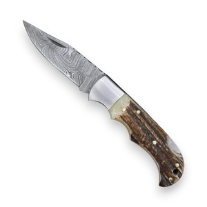 Cuchillo Plegable de Acero de Damasco con Mango de Asta de Ciervo y Funda de Cuero, para Bolsillo, EDC, Caza, Camping, Soporte OEM Personalizado - Product Image 1