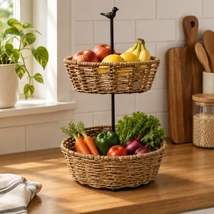 Panier à fruits personnalisable et écologique à 2 niveaux en corde de jute naturelle, tressé à la main par un artisan indien, en rotin, pour rangement et décoration florale - Product Image 1