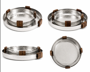 Plateau de service rond en aluminium martelé moderne avec poignées en bois, plateau de présentation décoratif en métal pour la maison, l'hôtel et le restaurant - Product Image 2