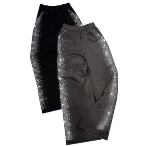 Pantalon de survêtement unisexe tendance en coton 100% de haute qualité, coupe ample, délavé à l'acide, avec strass personnalisés imprimés, style streetwear à jambe large - Product Image 1