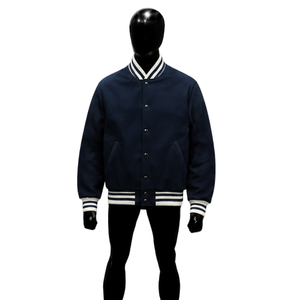 Veste universitaire en laine bleu marine, veste de baseball classique avec col, poignets et ourlet côtelés à rayures blanches, boutons-pression noirs - Product Image 1