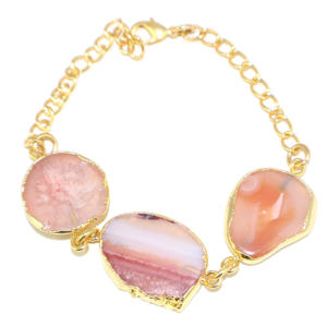 Bracelet en pierre d'agate naturelle style vintage, plaqué or 24 carats, chaîne ajustable, cristal de guérison, bijoux pour femmes et filles - Product Image 1