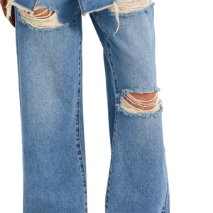 Pantalones Vaqueros de Mezclilla Lavada para Mujer, Cintura Media, Pierna Ancha, Detalles Desgastados y Rotos, Estilo Casual Urbano, Ajuste Holgado, Azul, Otoño, 100% Mezclilla - Product Image 6