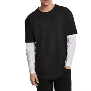 Camiseta Negra Extra Grande para Hombre con Capa Blanca de Manga Larga, Cuello Redondo, Color Sólido, Tejido Casual, 100% Algodón - Product Image 1