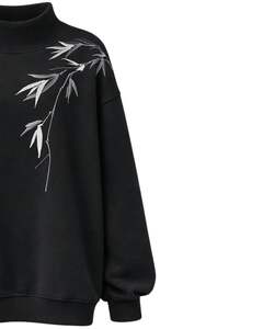 Sudadera Oversize de Forro Polar para Mujer Negra, Cuello Alto, Bordado de Bambú, Casual, Cálida para Invierno, Algodón Poliéster, Ajuste Holgado - Product Image 4
