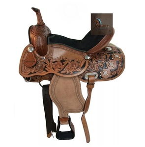 Selle de cheval western en cuir marron repoussé avec gravures florales, siège en daim noir orné de cristaux transparents, avec kit de harnais, 10-18 pouces - Product Image 1