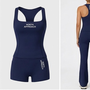 Conjunto de Yoga de 2 Piezas North Approach, Top Corto Deportivo y Pantalones Cortos, Color Azul Marino Sólido, Ropa Deportiva de Secado Rápido para Mujer - Product Image 1