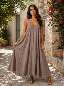 Women's Olive Spaghetti Strap Mini <b>Dress</b> Loose <b>Boho</b> <b>Summer</b> Casual Nonwoven Viscose Breathable Eco-Friendly Solid Plain Dyed - Product Image 2