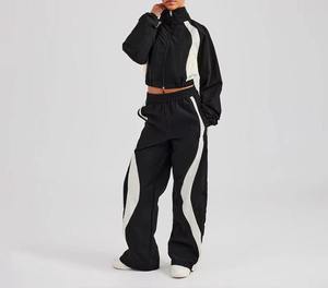 Custom Women Crop Windbreaker Tracksuit Set 2 1 Design Geometric Block Lightweight Breathable Quick Dry Gym <b>Jogger</b> Suit - Product Image 2