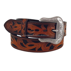 Ceinture en cuir unisexe vintage marron style western avec gravures florales et boucle ardillon en laiton antique de designer – Vente en gros - Product Image 3
