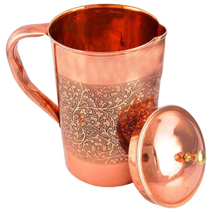 Handcrafted Pure <b>Copper</b> Water Jug Pitcher With Embossed Etching Design And Brass <b>Knob</b> Lid 100% Authentic Ayurvedic Health Drink - Product Image 1