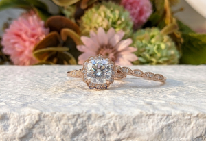 Rose Gold Moissanite Halo Engagement <b>Ring</b> Cushion Cut Bridal Wedding Band Vintage Style <b>Resizable</b> Rhodium Plated for Women - Product Image 2