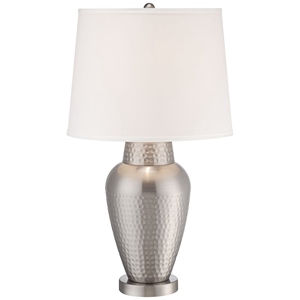 New design Hammered <b>Silver</b> <b>Table</b> Lamp Luxury Textured Metal Base White Fabric Shade Elegant <b>Bedside</b> Nightstand Light Home Decor - Product Image 1
