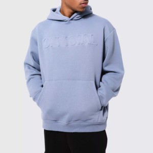 Sudadera con Capucha Azul Claro para Hombre, Logotipo en Relieve, Bolsillo Delantero, Corte Holgado Informal, Ropa de Otoño - Product Image 1