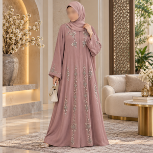 Abaya de luxe de couleur mauve avec broderie |   Robe islamique modeste pour femmes musulmanes, détail floral, tissu de qualité supérieure, élégante, manches longues, abaya - Product Image 4
