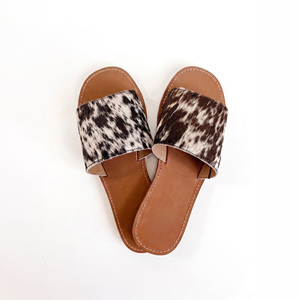Wholesale Genuine Cowhide Leather <b>Slide</b> Sandals for Women Hair-On Leather Slip-On Flats Western Boho Summer Footwear - Product Image 1