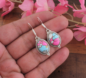 Boucles d'oreilles pendantes artisanales en forme de goutte d'eau, mosaïque de pierres précieuses en coton, bord torsadé, plaqué argent, luxe, fiançailles, style bohème - Product Image 3