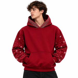 <b>Men</b>’s <b>Burgundy</b> Rhinestone Star Print Pullover <b>Hoodie</b> Premium Oversized Streetwear Sweatshirt - Product Image 1