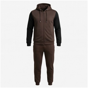 Ensemble de survêtement marron pour homme, manches longues, capuche, fermeture éclair sur le devant, motif géométrique, respirant, coupe décontractée, vêtements d'automne - Product Image 1
