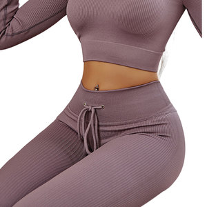 Women Ribbed Leggings Seamless Drawstring Jogging Yoga <b>Tights</b> Flexible and Quick Dry - Product Image 5