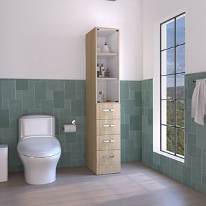 Mobiletto Vanguard in lino con quattro cassetti e tre ripiani, colore pino chiaro/bianco, per bagno - Product Image 1