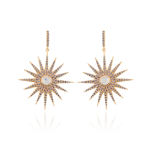 Genuine Pave <b>Diamond</b> Solid 14k Yellow Gold Rinbow Moonstone Designer <b>Dangle</b> Star <b>Earrings</b> Fine Jewelry Wholesale - Product Image 1