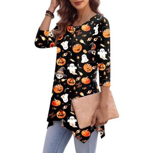 Blusa de Rayón de Talla Grande con Estampado Novedoso de Fantasma de Calabaza Naranja para Halloween, Cuello Redondo, Dobladillo Irregular, Camisas Boho Festivas para Mujer - Product Image 3
