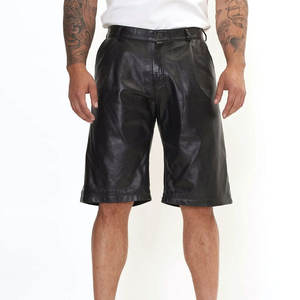 Shorts en cuir de vachette noir de haute qualité, confortables, respirants, coupe-vent, écologiques, taille mi-haute, décontractés, avec fermeture éclair et cordon de serrage - Product Image 1