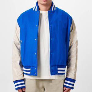 Men Blue Varsity <b>Jacket</b> With Cream Sleeves Regular Fit Turn-Down Collar Single Breasted Button Closure Solid Color Casual Style - Product Image 1