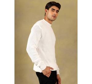 Pull en maille blanc uni de qualité supérieure pour homme, col rond, manches longues, pull en maille texturée décontracté pour homme, blanc classique - Product Image 1
