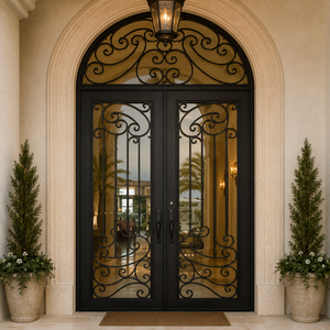 Puertas de Seguridad de Hierro Forjado Personalizadas, Puerta de Entrada Doble Exterior con Vidrio, Puertas de Entrada de Lujo para Viviendas Residenciales y Villas - Product Image 3