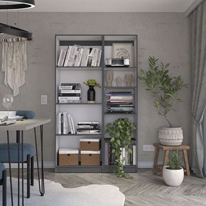 Set di 2 Librerie per Soggiorno, Mobile Contenitore Largo 107 cm con 9 Ripiani, Grigio Opaco/Bianco - Product Image 1