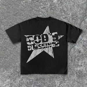 Men's Black Short Sleeve T-<b>Shirt</b> With Yellow <b>Star</b> God's Blessings Print O-Neck Regular Fit Casual Jersey Cotton <b>Shirt</b> - Product Image 2