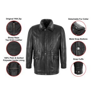 Chaqueta de Invierno para Hombre de Piel de Oveja Napa Premium, con Cuello de Piel Desmontable, Cierres YKK, Múltiples Bolsillos, Forro de Poliéster, Logotipo Personalizado OEM ODM - Product Image 3