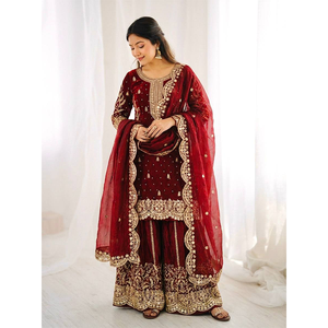 Proveedor Mundial Vende Colección de Trajes Sharara de Seda Fendi Pura con Bordado Pesado y Lentejuelas para Bodas - Product Image 1