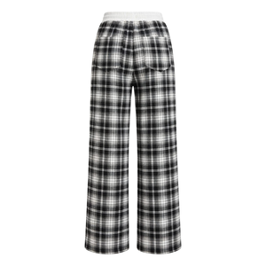 <b>Womens</b> <b>Black</b> Plaid Wide Leg Lounge <b>Pants</b> White Elastic Waistband Drawstring Side Pockets Casual Sleepwear Bottoms Daily In - Product Image 2