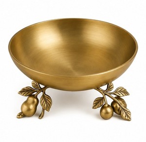 Bol rond vintage en laiton avec pieds en forme de branche de fruit, plat décoratif en métal pour la table de la maison - Product Image 4
