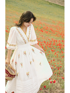 <b>White</b> Embroidered Cotton Midi Dress Flattering V-neckline and puffed Mid-Length Sleeves Floral Embroidery Long Dress - Product Image 4