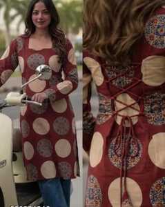 Traditional <b>Red</b> Cotton Kurti With Blue Polka Dot Print For Women Casual Wear Midi Length Regular Fit Fancy Dori Pattern Kurtis - Product Image 2