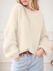 Pull en tricot à col rond et manches chauve-souris pour femme, couleur unie, décontracté, automne, 100% acrylique, manches longues, tricoté à la main - Product Image 3