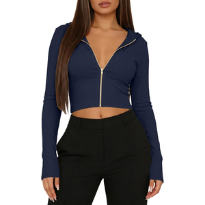 <b>Women's</b> <b>Navy</b> Blue Hooded Zip-Up Cropped Sweater Long Sleeve Knitted Solid Color Autumn Wear Breathable Full Length Sleeves - Product Image 1