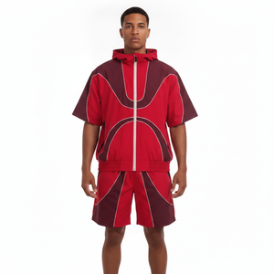 <b>Boys</b> Red Color Blocking Tracksuit Set Short Sleeve Hooded Zipper Sporty Shorts Quick Dry Polyester Autumn Wear - Product Image 4