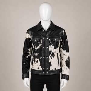 Veste de motard en cuir véritable pour homme, motif vachette, col rabattu, fermeture boutonnée, coupe classique, doublure en fausse fourrure épaisse pour l'hiver - Product Image 1