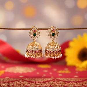 Gold Plated Orthodox Jhumka Stud Earrings with Pearl and Diamond for Wedding Party Gift - Product Image 3