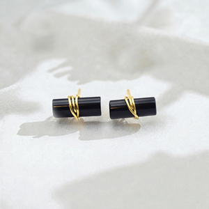 Ratnarachit <b>Black</b> Onyx <b>Earrings</b> 12x5mm Rounded Rectangle Wire Wrapped Gold Plated Minimalist <b>Studs</b>-Gift - Product Image 4