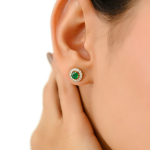 Top Selling Most Beautiful 18K Yellow Gold Round Cut Emerald & Diamond <b>Small</b> Halo <b>Stud</b> <b>Earrings</b> Latest Handmade Bulk Jewelry - Product Image 4