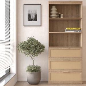 Mobile contenitore alto 71 pollici in stile francese con 3 cassetti e libreria in rattan a 3 ripiani, organizer in legno - Product Image 1