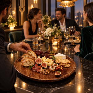 Assiette de présentation généreuse en bois de manguier poli de 11 pouces, durable, à rebord surélevé et à grain de bois intense |   Plateau de mariage moderne pour fruits - Product Image 2