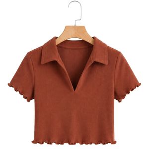 เสื้อโปโลครอปผู้หญิงสีน้ำตาลสนิม ผ้าถักลายริบ แขนสั้น ทรงเข้ารูป สไตล์ลำลอง คอวี ผ้าฝ้ายผสมสแปนเด็กซ์ ยืดหยุ่นได้ แฟชั่นทันสมัย - Product Image 1