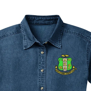 AKA Denim Crest Shirt Women Short Sleeve Button Down Embroidered AKA Casual Denim <b>Top</b> <b>Navy</b> Blue Greek Sorority Wear - Product Image 6